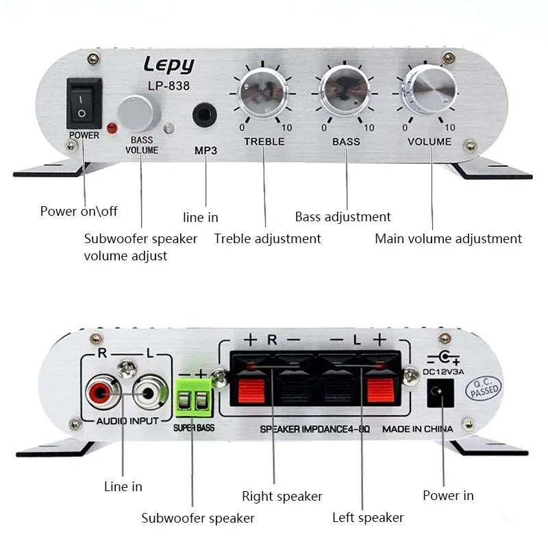 Фото Lepy LP-838\838BT\838USB МИНИ-цифровой Hi-Fi автомобильный усилитель мощности 2,1-канальный цифровой сабвуфер стерео BASS аудиоплеер №2