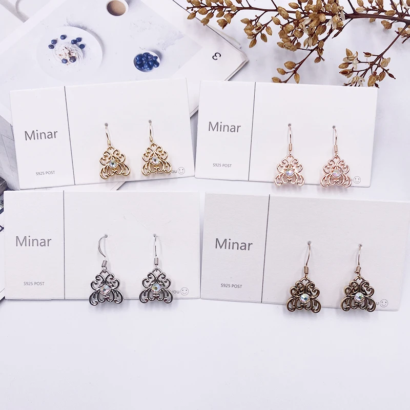 

Minar Vintage Hollow Floral Metallic Earring for Women Ladies Rose Gold Silver Color Geometric Drop Earrings Statement Jewelry