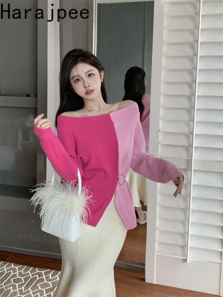 

Женский трикотажный кардиган Harajpee, универсальный винтажный кардиган контрастных цветов с воротником-лодочкой и разрезом, в Корейском стил...