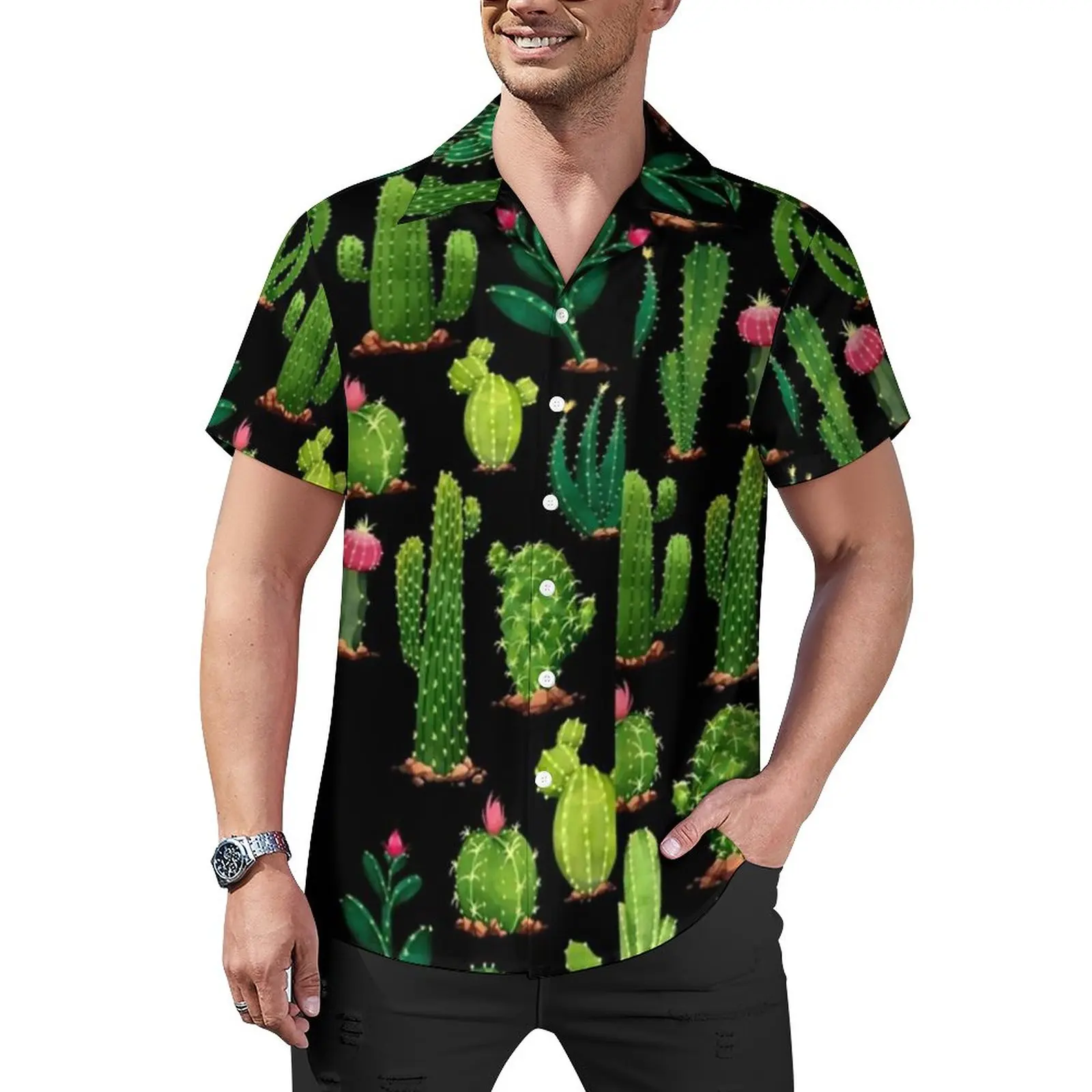 

Cactus Casual Shirt Plants Leaf Beach Loose Shirt Hawaiian Aesthetic Blouses Short Sleeve Custom Oversized Clothing