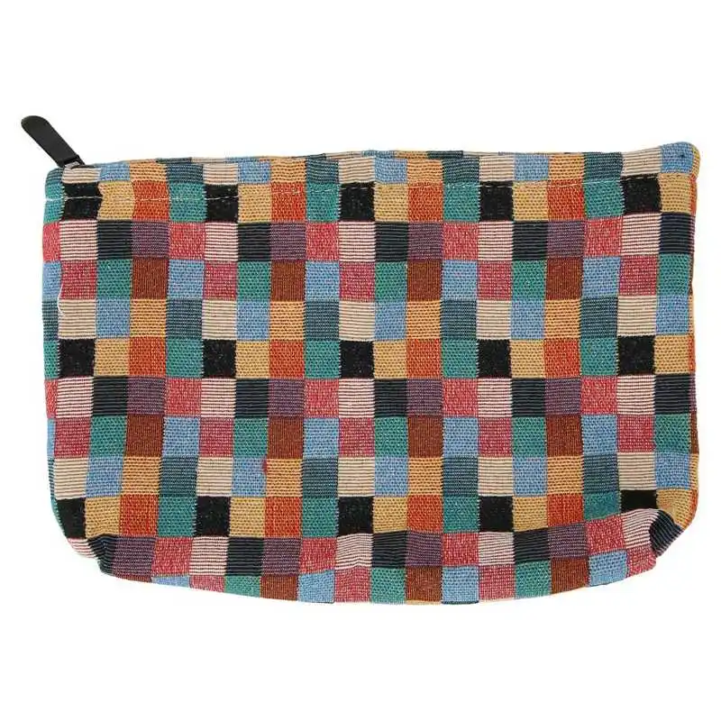 

Makeup Pouch Multi Functional Canvas Cosmetic Bag Lightweight Plaid Pattern Portable with Zipper for Business Trip for Travel