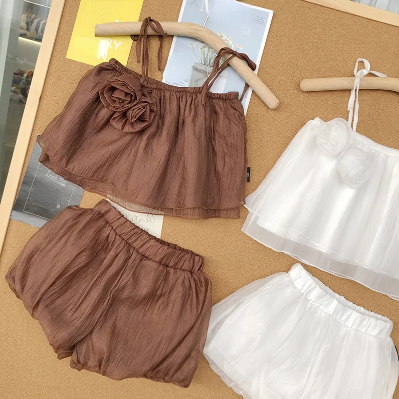 

Clothes for Girls Summer Toddler Girls Clothes Set Solid Suspender Floral Shirt Shorts 2 Pcs Outfits Kids Clothing New