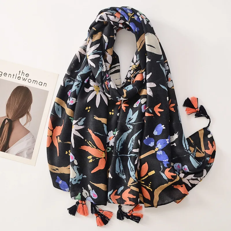 

2022 Brand Women Vintage Floral Scarf Fashion Print Viscose Autumn Winter Tassel Scarves Lady Pashmina Foulards Hijab 180*90Cm