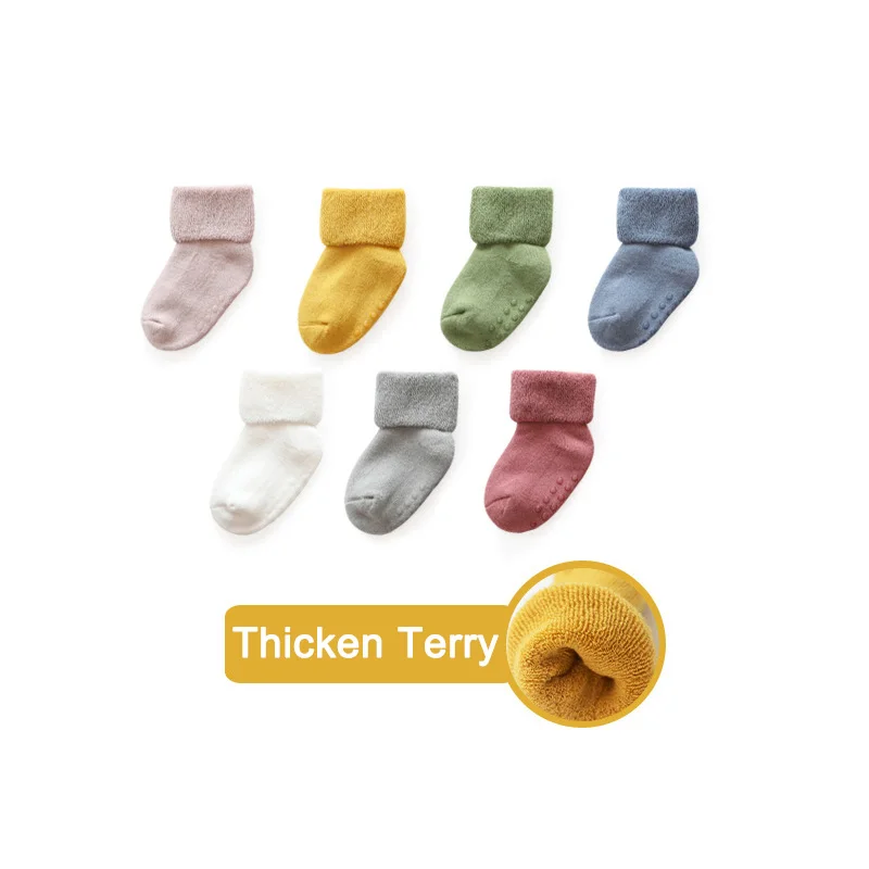 

7 Pairs/lot 0-3T Baby Socks Thicken Winter Plus Velvet Solid Color Warm Terry Socks Non-slip Toddler Socks Newborn Baby Socks