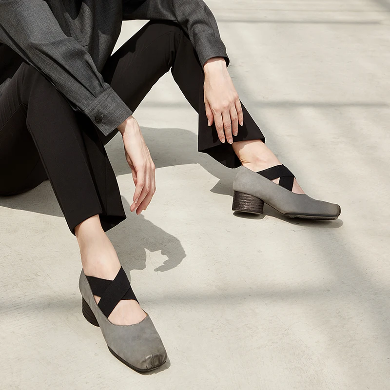 New Vintage Ballet Shoes Pig Nose Chunky Singles For Women Genuine Leather Nubuck 2114