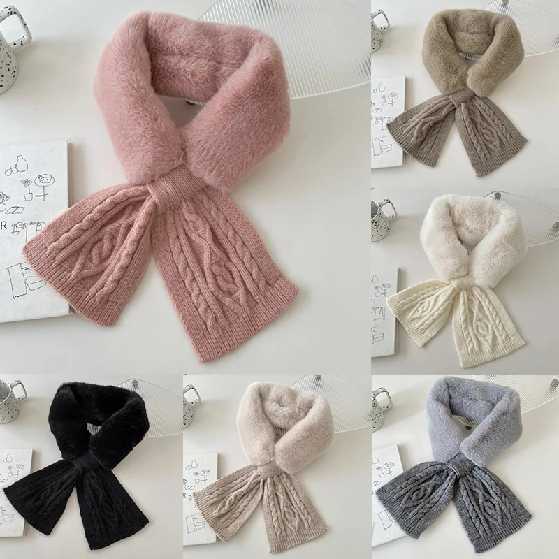 

Fluffy Knitting Woolen Muffler Faux Rabbit Fur Knit Cross Scarf Fur Collar Plush Scarves Solid Color Thicken Handmade Splicing