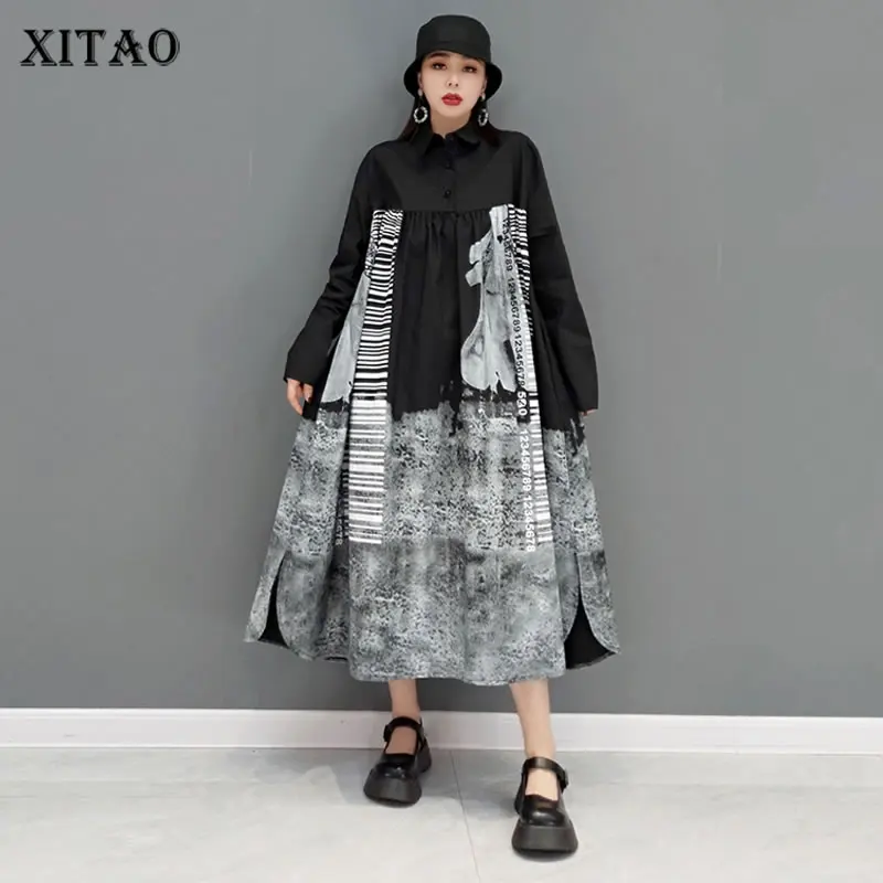

XITAO Patchwork Pleated Dress Women Korea 2022 Spring New Personality Fashion Loose Turn-down Collar Full Sleeve Dress WMD4761