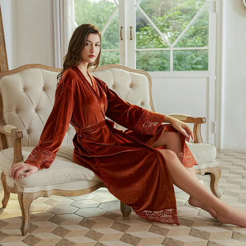 Long Solid Velvet Robe Bridal Robe Bridesmaid Robes Lace Trim Wedding Robe Sleepwear Bathrobe Dressing Long Gowns Length 130cm