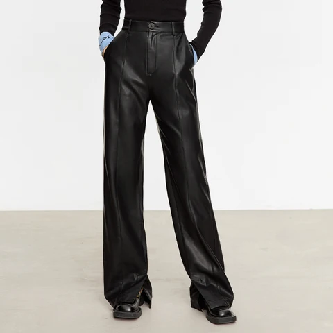 AMII Minimalistische PU Lederen Casual Broek voor Vrouwen 2024 Herfst Nieuwe Losse Vloerlengte Rechte Slit Vrouwelijke Broek 12343250