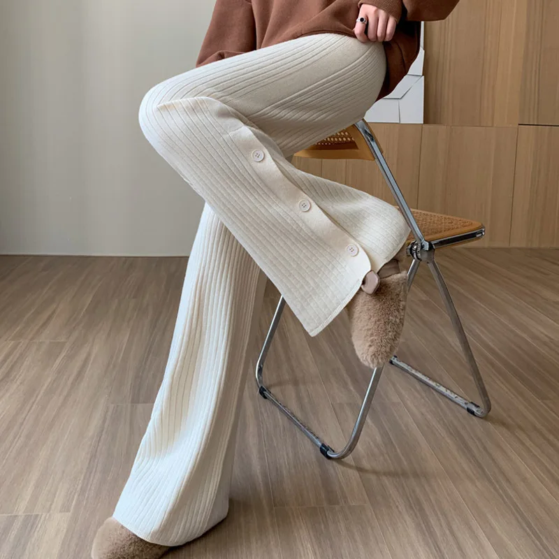 

Брюки женские трикотажные с широкими штанинами, повседневные Прямые теплые шерстяные уютные штаны с разрезом, на пуговицах, однотонные сво...