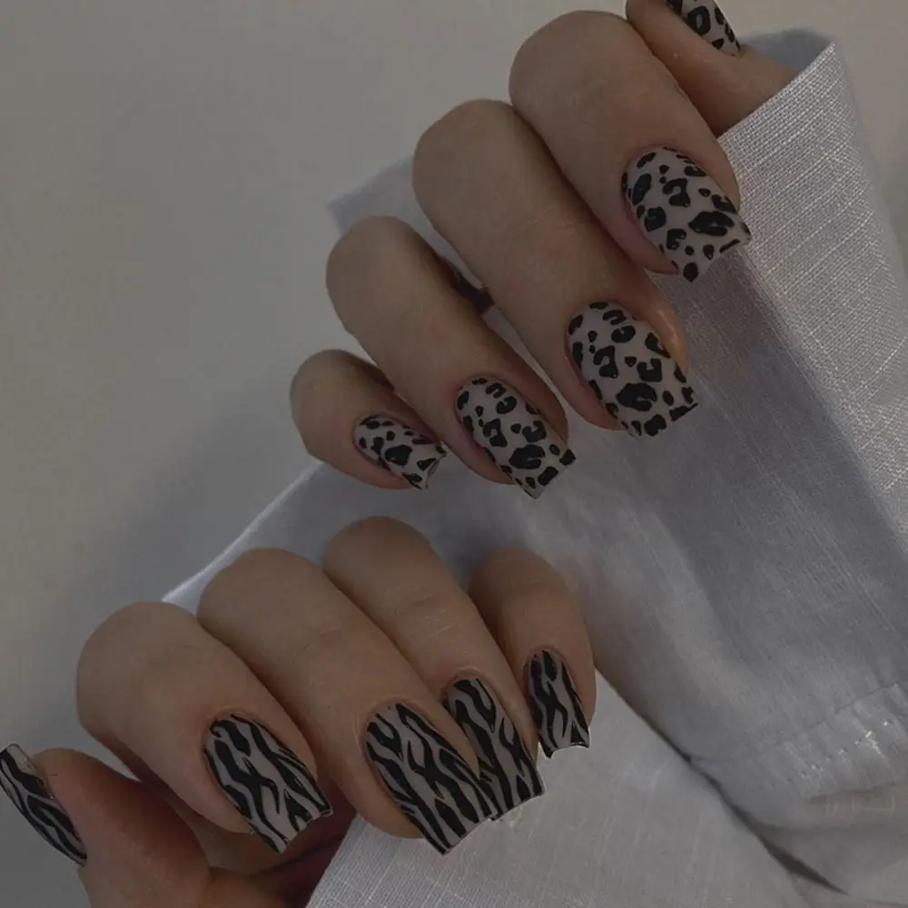 

24 шт. съемные Асимметричные леопардовые накладные ногти «сделай сам» накладные ногти французские летние пляжные накладные ногти длинные квадратные