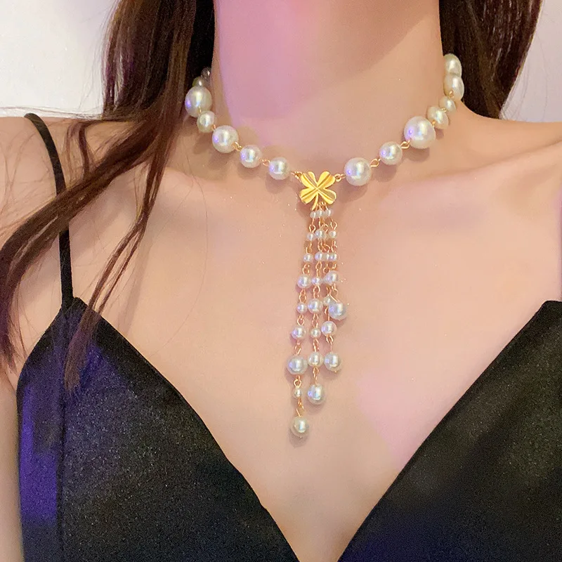 

Romantic Korean Style Imitated Pearl NecklaceFor Women Clavicle Chain Tassels Charm Neck Chain Exquisite Trendy Girls Jewelry