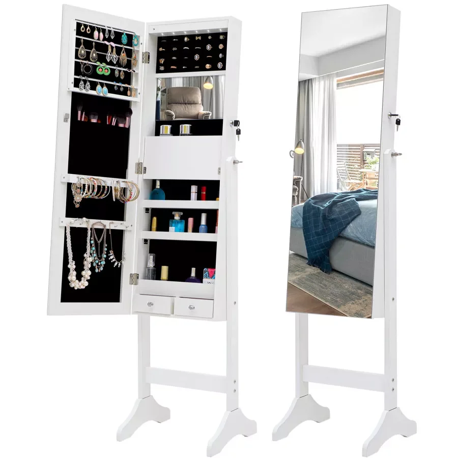 

Bedroom Makeup Mirror Cabinet Organizer Dresser for Room Home Jewelry Storage Mirror Cabinet with LED Light Dressing Mirror