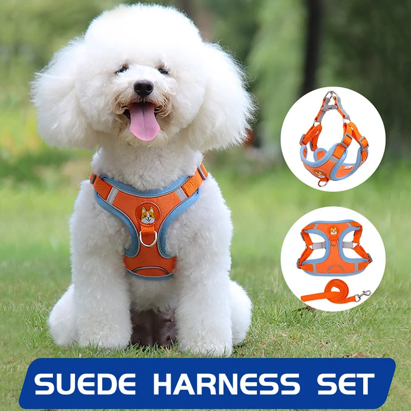 

Suede Dog Harness Collar Reflective Pet Chest Strap Adjustable Outdoor Training Vest Leash Set For Puppy Small Medium Dogs Stuff
