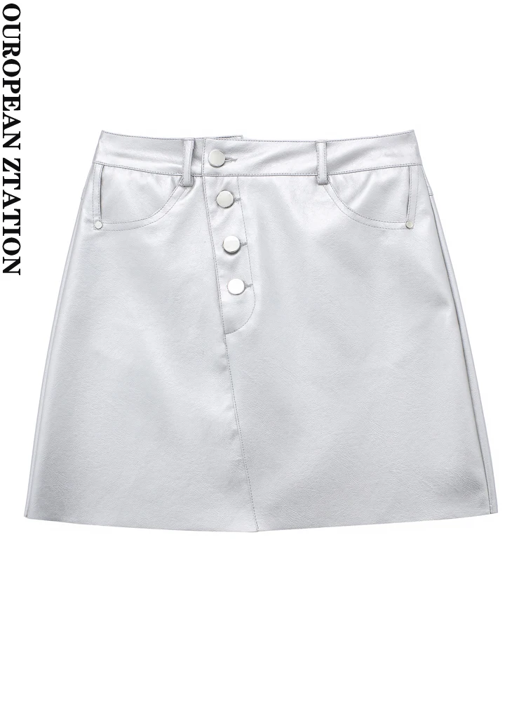 

PAILETE Women 2023 fashion front buttons faux leather silver mini skirt vintage high waist fly female skirts mujer