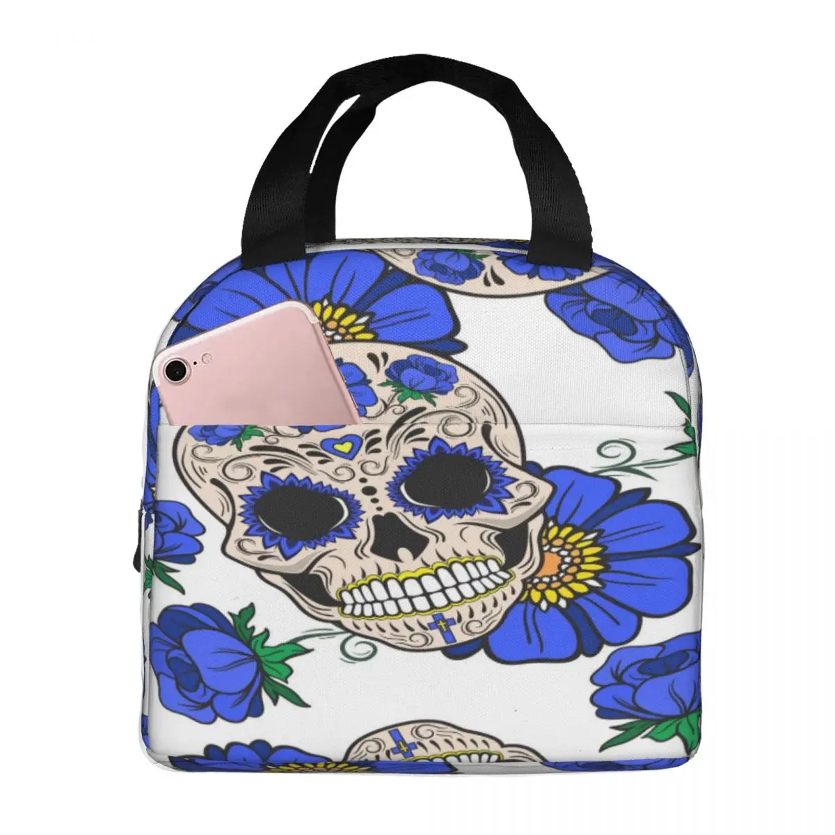 

Lunch Bag Sugar Skulls And Blue Flowers Thermal Insulated Lunch Box Tote Cooler Bag Bento Pouch Lunch Container Food Storage Bag