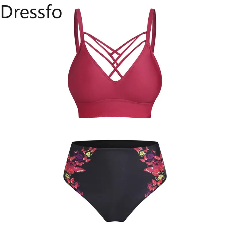 

Dressfo Women's Swimsuit Punk Butterfly Floral Print Tankini Swimsuit Lattice High Waisted Swimwear Bath Bikini Set Woman 2023
