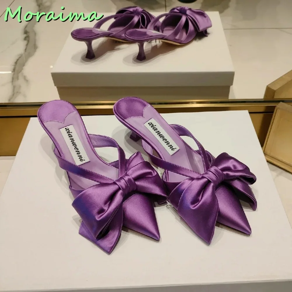 Rosy Red Velvet Butterfly Knot Slides Designer Women Pointed Toe Satin Mesh Slippers Summer Sexy Thin Mid Heel New Arrival 2023