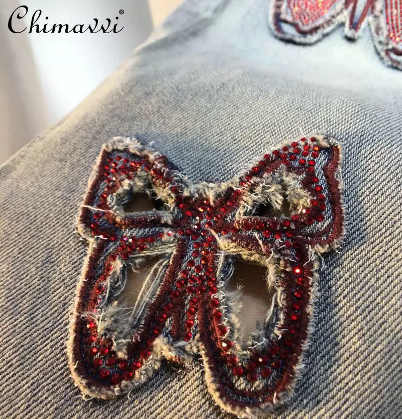 European Denim Pants 2023 Summer New Rhinestone Butterfly High Waist Jeans Fashion Slim Straight-Leg Wide-Leg Pants Women
