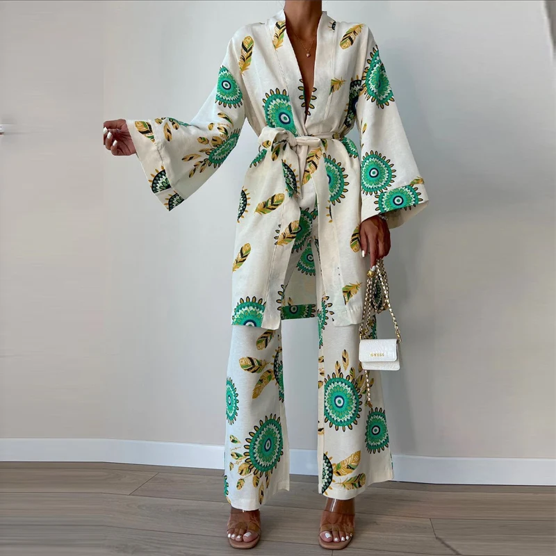 

Autumn Deep V Neck Lace-up Midi Cardigan Long Pants Sets Spring Two Piece Office Suits Retro Women Pattern Print Loose Suit