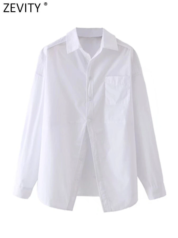 

Zevity Women Fashion Long Sleeve White Blouse Office Ladies Single Breasted Pocket Shirt Chic Streetwear Blusas Tops LS10114