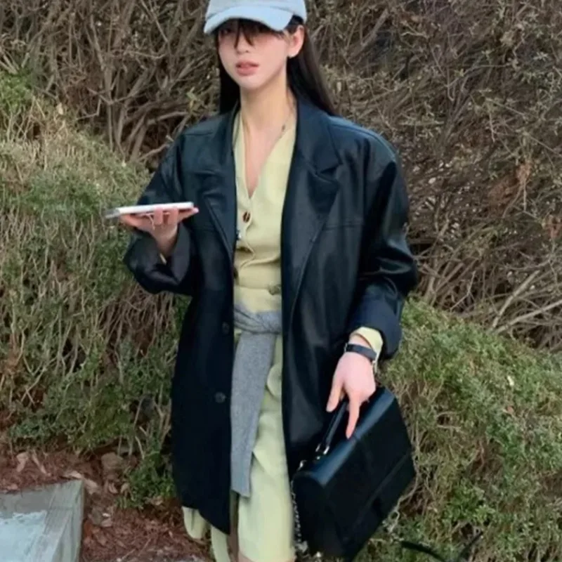 Женская винтажная куртка с длинным рукавом из ПУ кожи