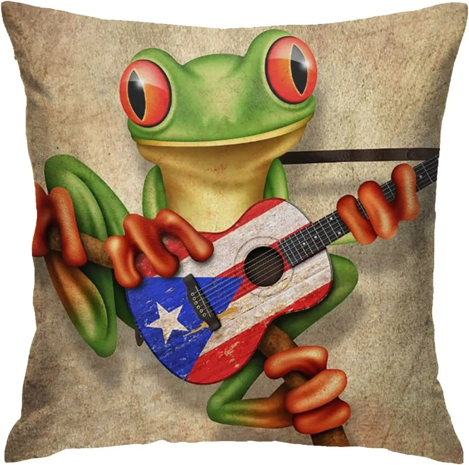 

Tree Frog Playing Puerto Rico Flag Guitar Throw Pillow Cover