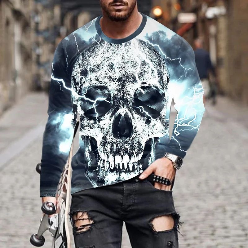 

European and American men's casual sports 3D skull print long-sleeved T-shirt fashion street trend youth round neck T-shirt