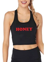 honey print crop top adult humor fun flirty print yoga sports workout tank top womens gym vest