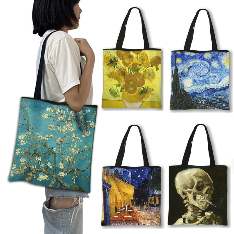

Women Handbag Oil Painting Blossoming Almond Tree / Starry Night Tote Bag Van Gogh Sunflower Canvas Shoulder Shopping Bag DICHOS