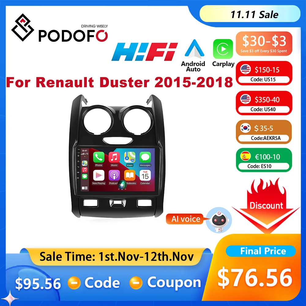 

Podofo 2din Android Car Radio CarPlay For Renault Duster 2015 - 2018 Multimedia Player Navigation GPS Stereo Audio Autoradio