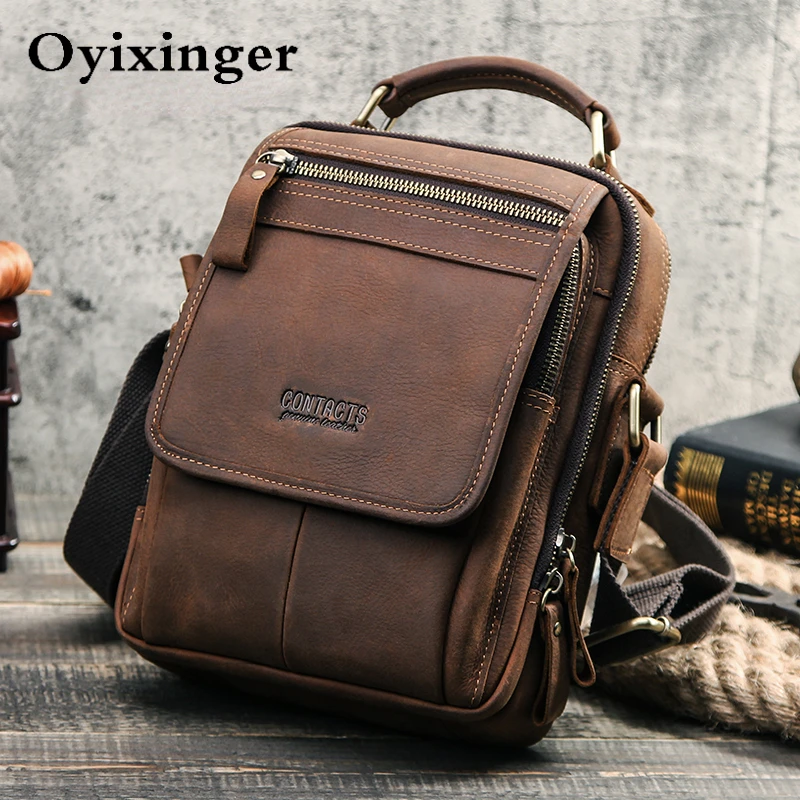 OYIXINGER 2023 New Vintage Men Messenger Bag For Man Crazy Horse Leather Crossbody Bag For 7.9