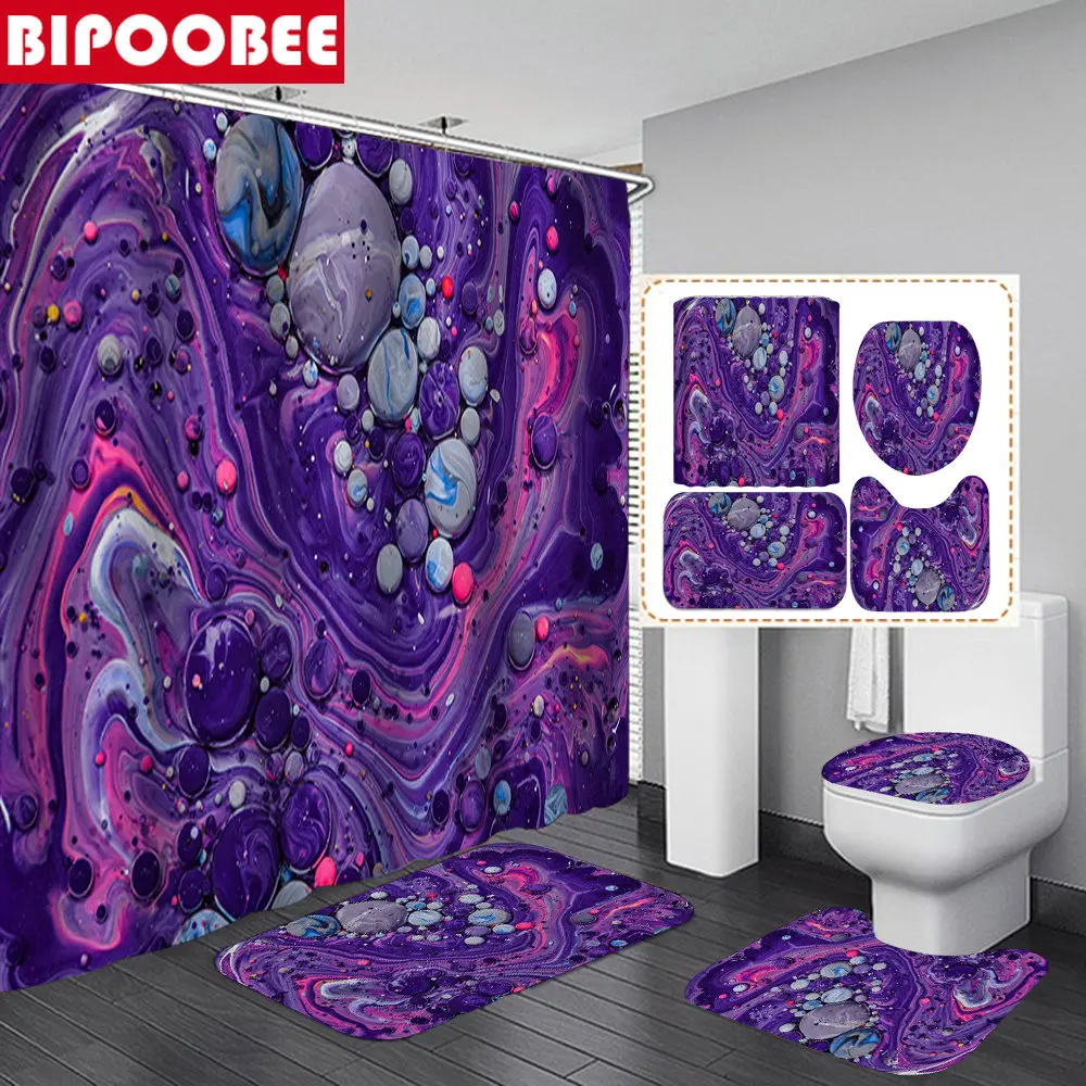 

Purple Acrylic Bubbles Art Painting Shower Curtain Bathroom Curtains Artistic Color Bath Mats Toilet Cover and Non-slip Rugs