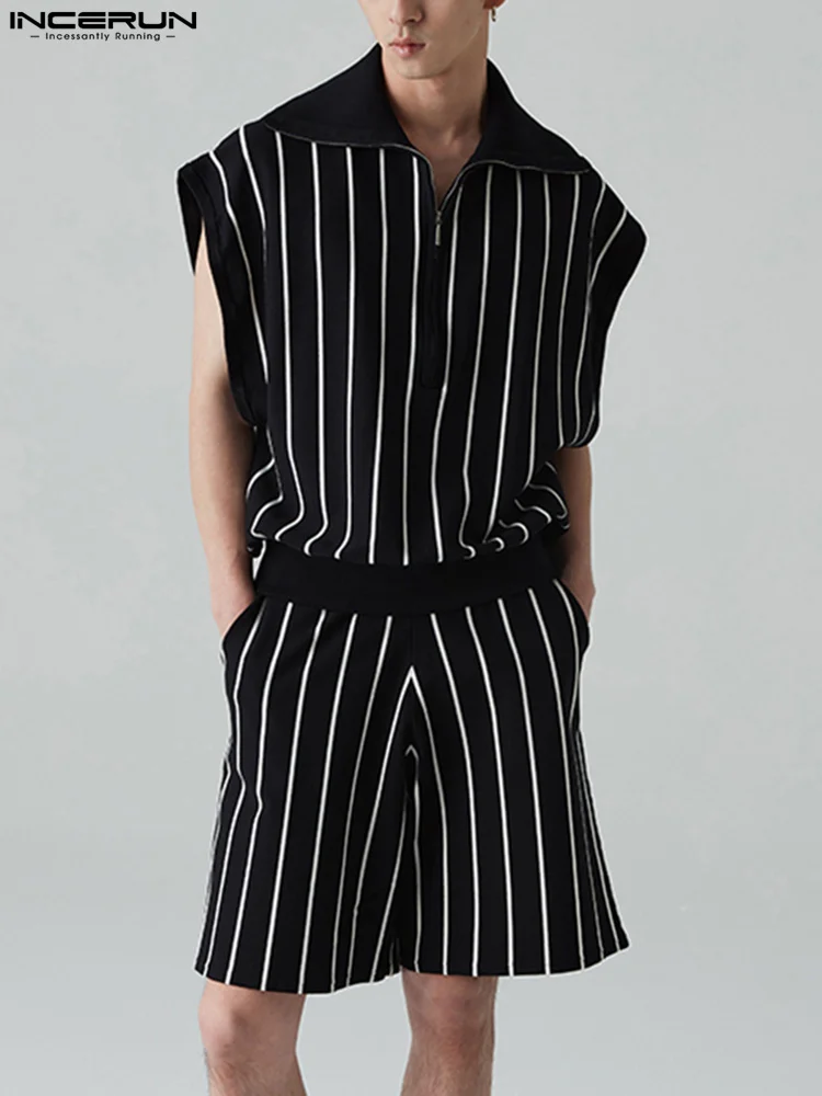 

INCERUN Men Striped Sets 2022 Summer Streetwear Lapel Sleeveless Zipper Tank Tops & Shorts 2PCS Stylish Men Casual Suits S-5XL