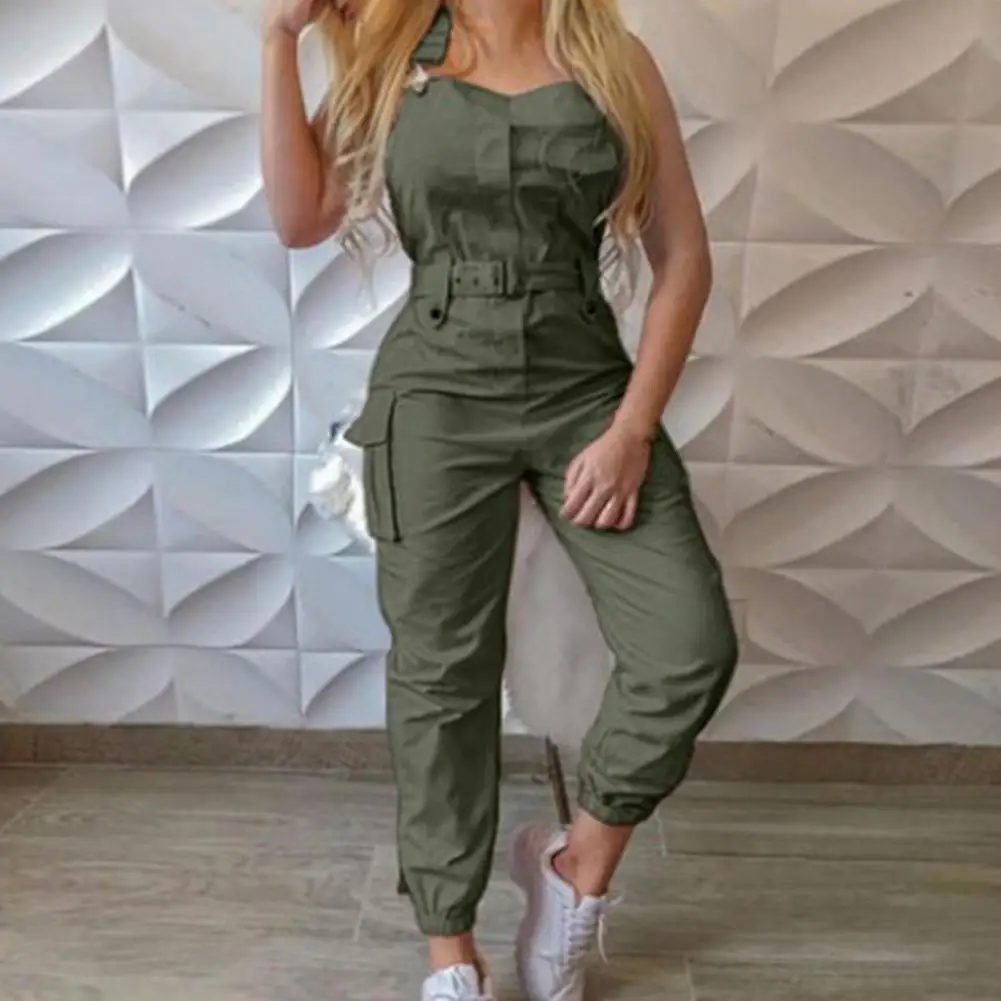 

2023 New Style Women Solid Color Cargo Jumpsuit with Waistband Square Collar Sleeveless Overalls Plus Size S-XXXL