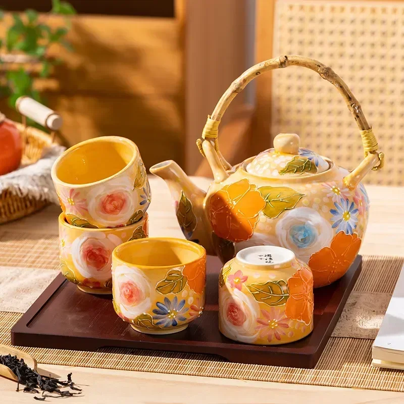 

Colored Chinese Hand-painted Ceramic Vintage Kettle Tea Pot Beam Tea Cups Tea Set Underglaze Teapots Lifting Kettle Household