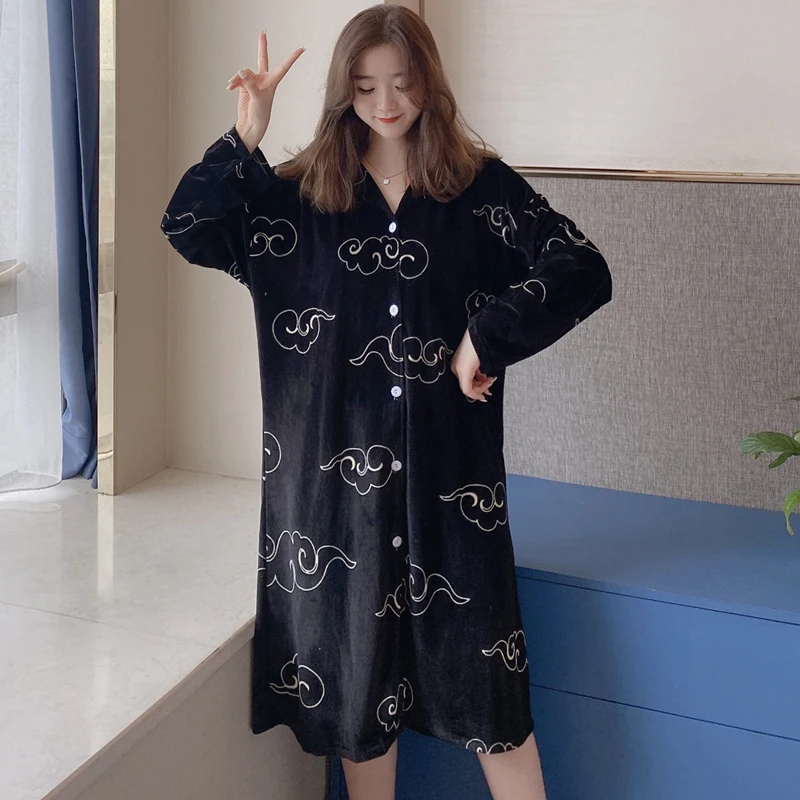 Spring Women Girl Fashion Velvet Pajamas Dress Clouds Print Sleep Wear
