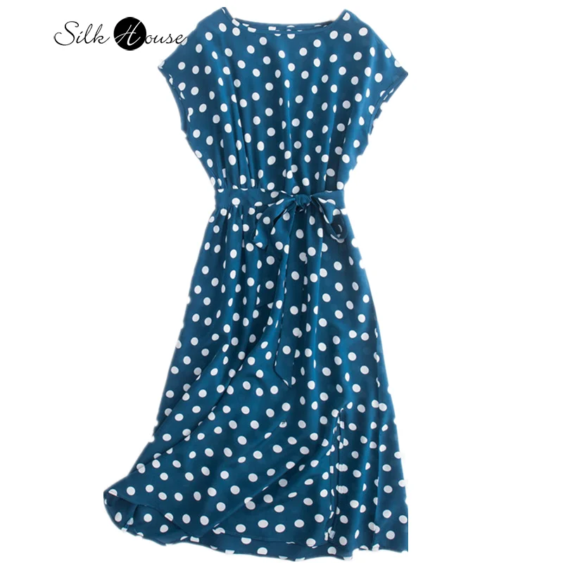 

2022 Summer New Silk Dress Mulberry Silk Blue Polka Dot Herringbone Collar Diagonal Tie Raglan Sleeve Split Long Dress