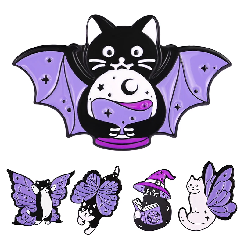 Броши-кошки с фиолетовыми бабочками и котами, эмалированные значки, чёрные и белые значки на лацкан, украшения для одежды и сумок в виде животных на Хэллоуин