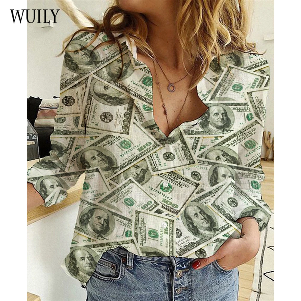 

Women's Dollar Graphic Theme Blouse Shirt Button Money Buck Print T-Shirt Collar Casual Streetwear Top Pattern Long Sleeves