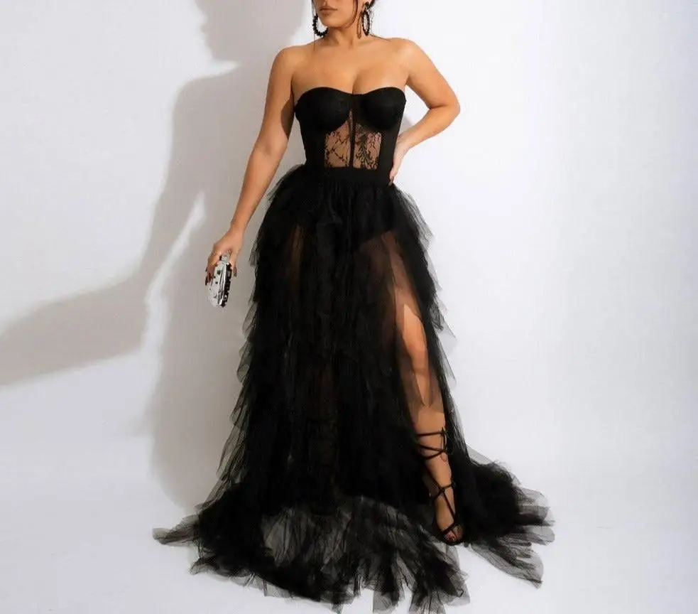 

Sexy Ruched Tulle Slit Women Dresses To Prom Party See Thru Tiered Tutu Women Maxi Dresses Sweetheart Corset Long Gowns Robe