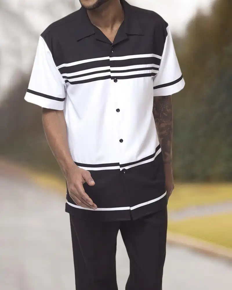 New retro men's suit printed patchwork lapel short sleeve casual shirt suit pants summer street holiday Hawaiian suit S-4XL