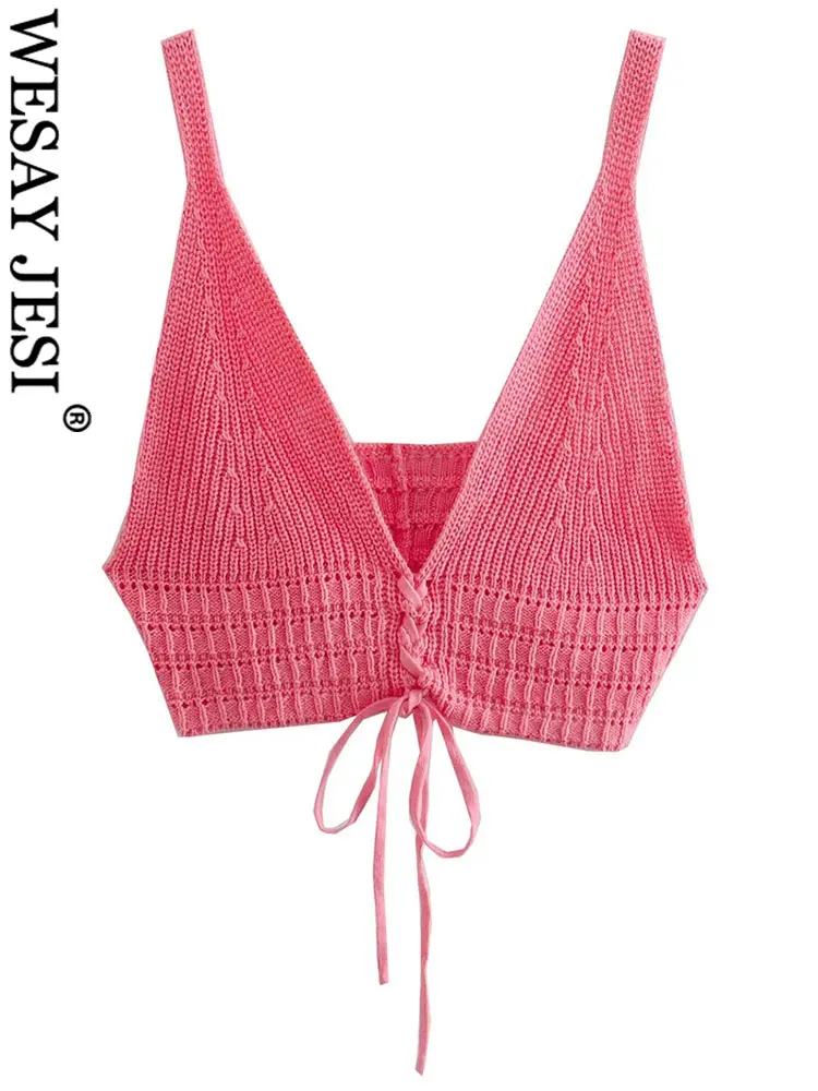 

WESAY JESI Sexy Women's Bra Camisole Backless Solid Pink Tube Top Straps Cross Bow Hollow Short Sling Knitted Fabric Comfortable