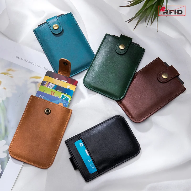 Genuine Leather Card Case with Coin Pocket Credit Card & ID Holders Slim Wallet Pouch for 5 Cards Travel Pull Type Cardholder