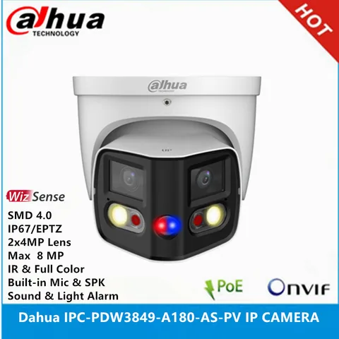 Dahua IPC-PDW3849-A180-AS-PV 2x4MP Lens max 8MP POE EPTZ SMD встроенный микрофон и SPK TiOC IR & Full color IP67 WizSense AI IP-камера
