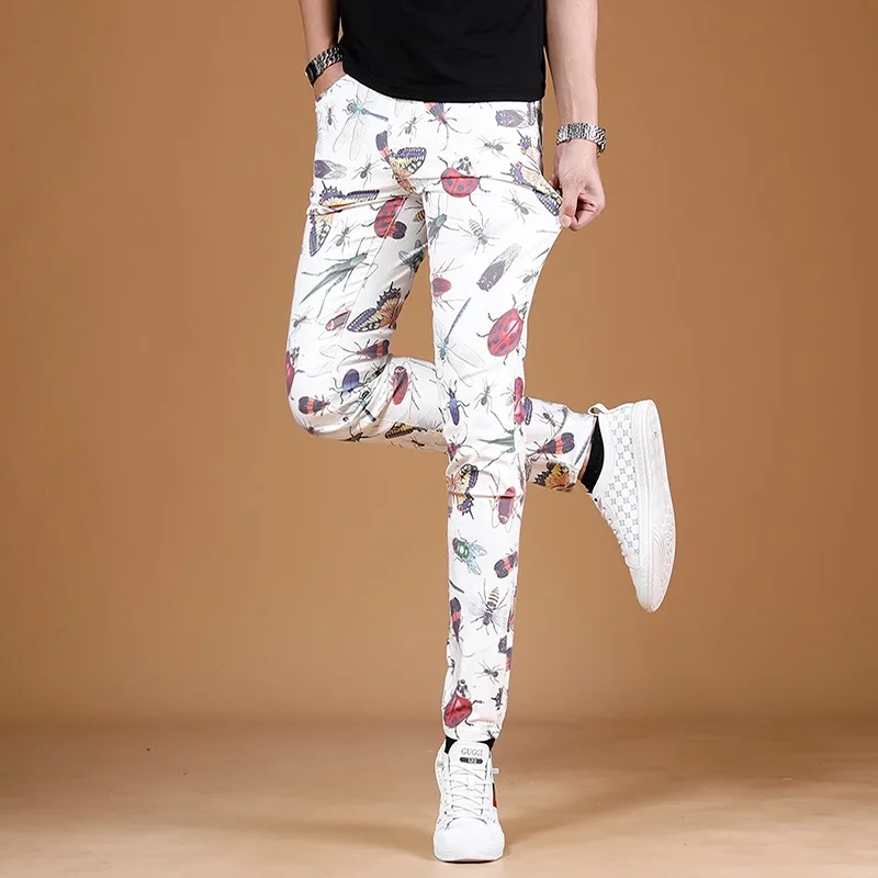 Summer Men White Jeans Fashion Insect Digital Printing Pants Streetwear Casual Straight Slim Fit Denim Trousers CP1632