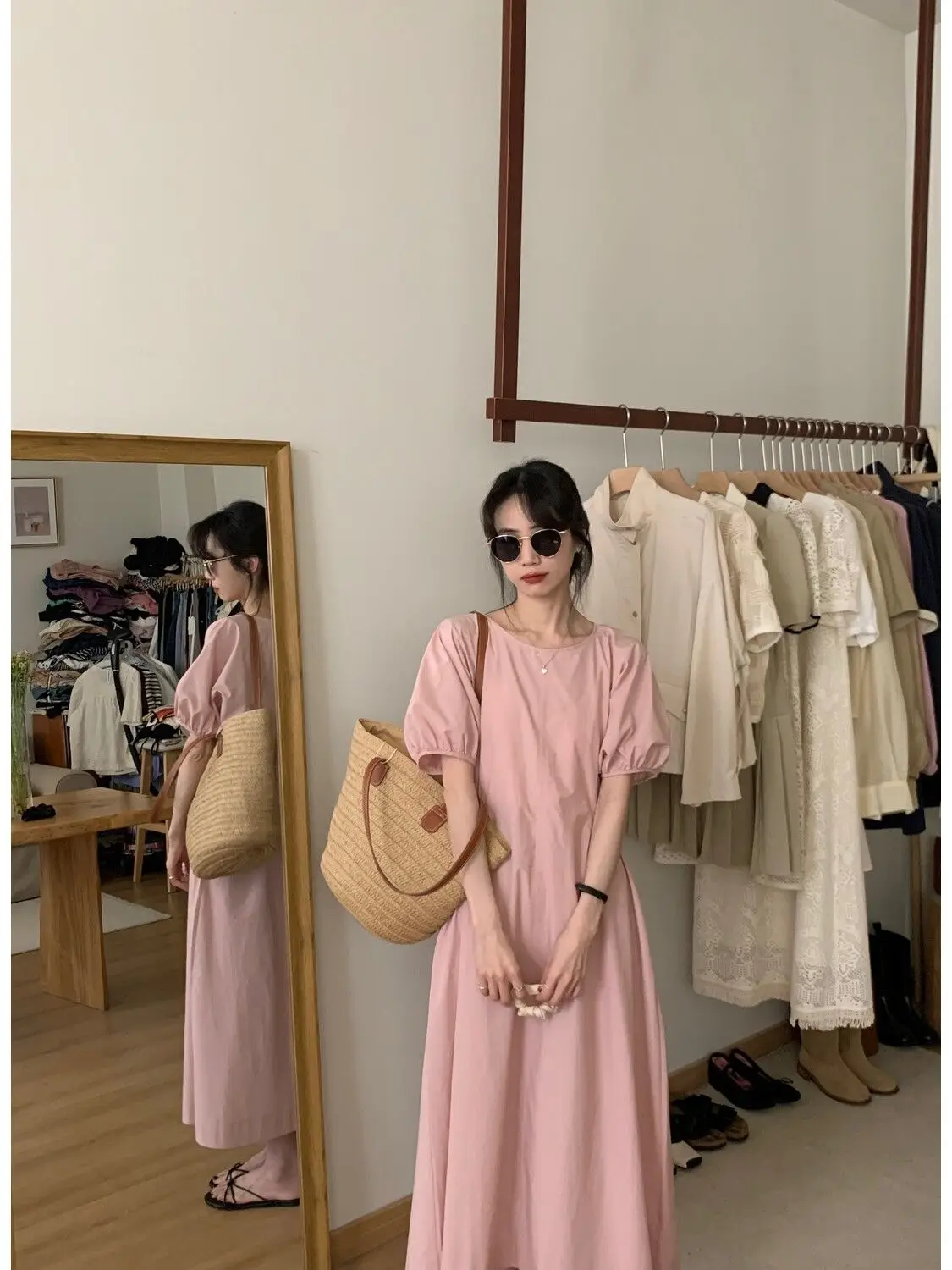 

Pink Bubble Sleeve Dress Women's Summer 2023 New French Loose Short Sleeve Long Skirt