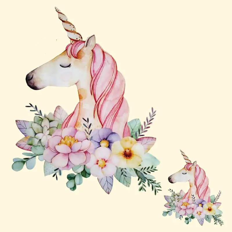 

Heat Transfer Clothes T-shirt Thermal Transfer Stickers Decoration Printing 23x18cm Flower Unicorn Iron on Patches for DIY