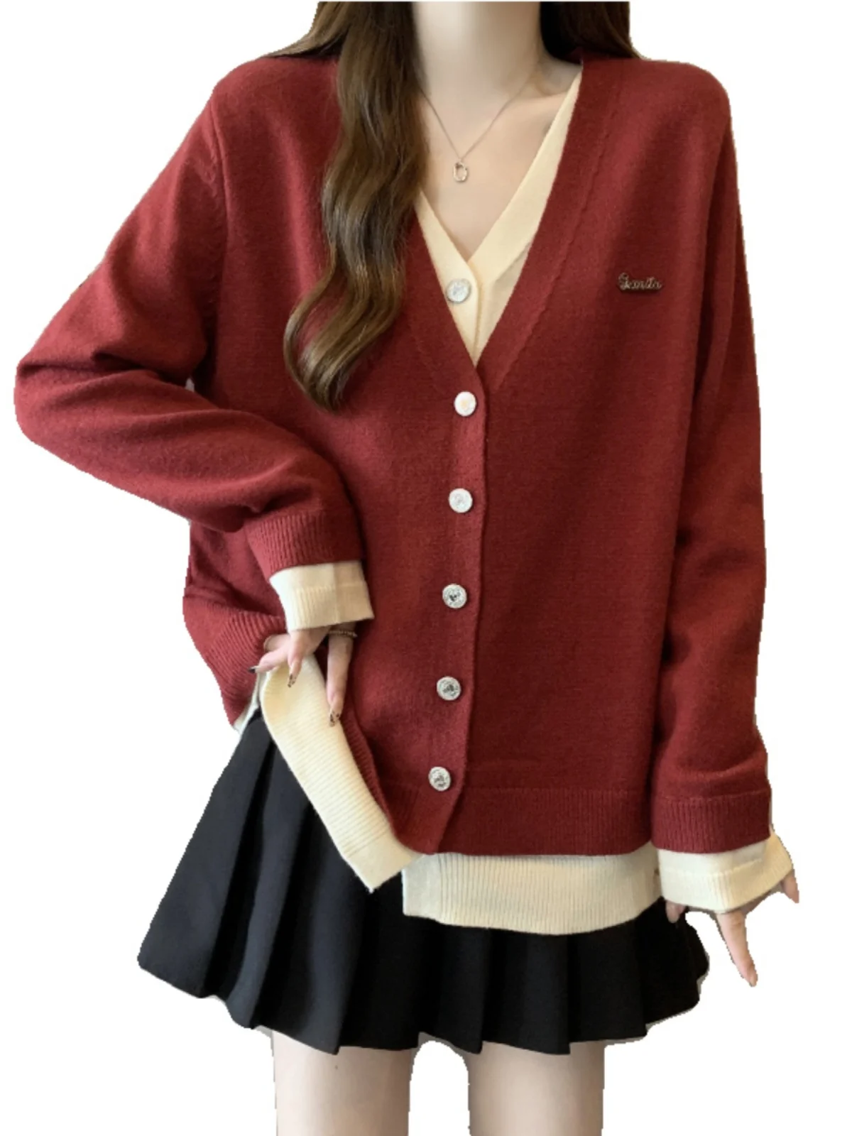 Красный вязаный кардиган из двух предметов с v-образным вырезом свитер верхняя