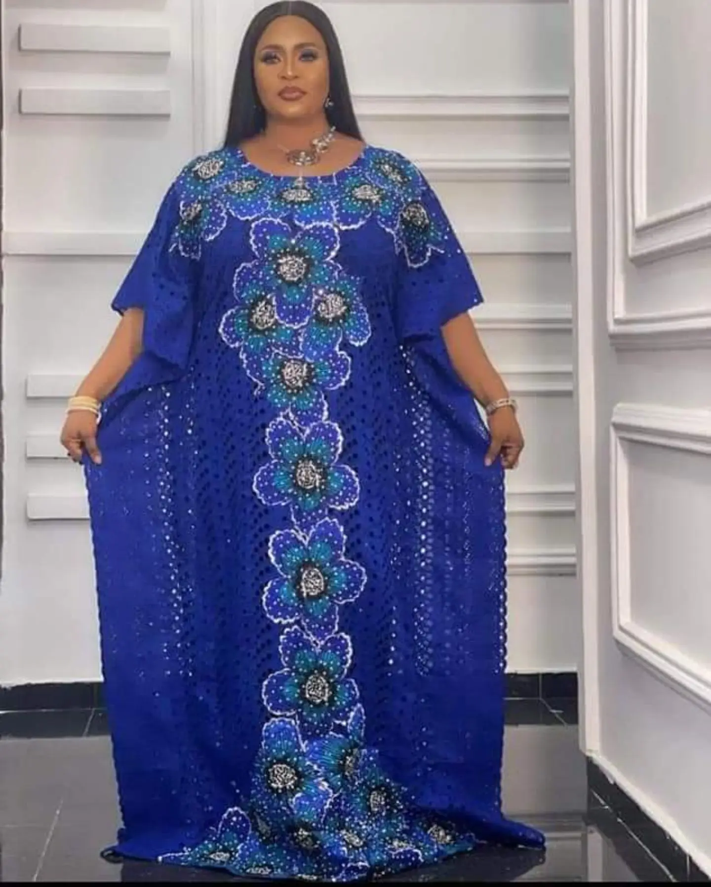 Vestidos africanos para mujer, moda de verano, estilo africano, manga corta, azul, talla grande, Túnica africana, 2022